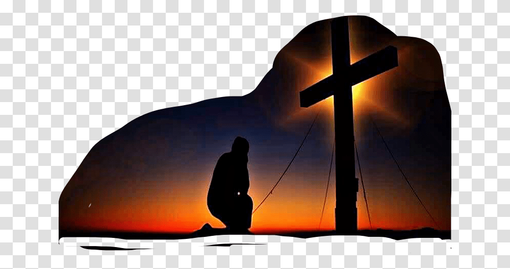 Man Kneeling Silhouette Cross Sunset Praying Sexta Feira Santa Sofreu, Person, Human, Worship Transparent Png