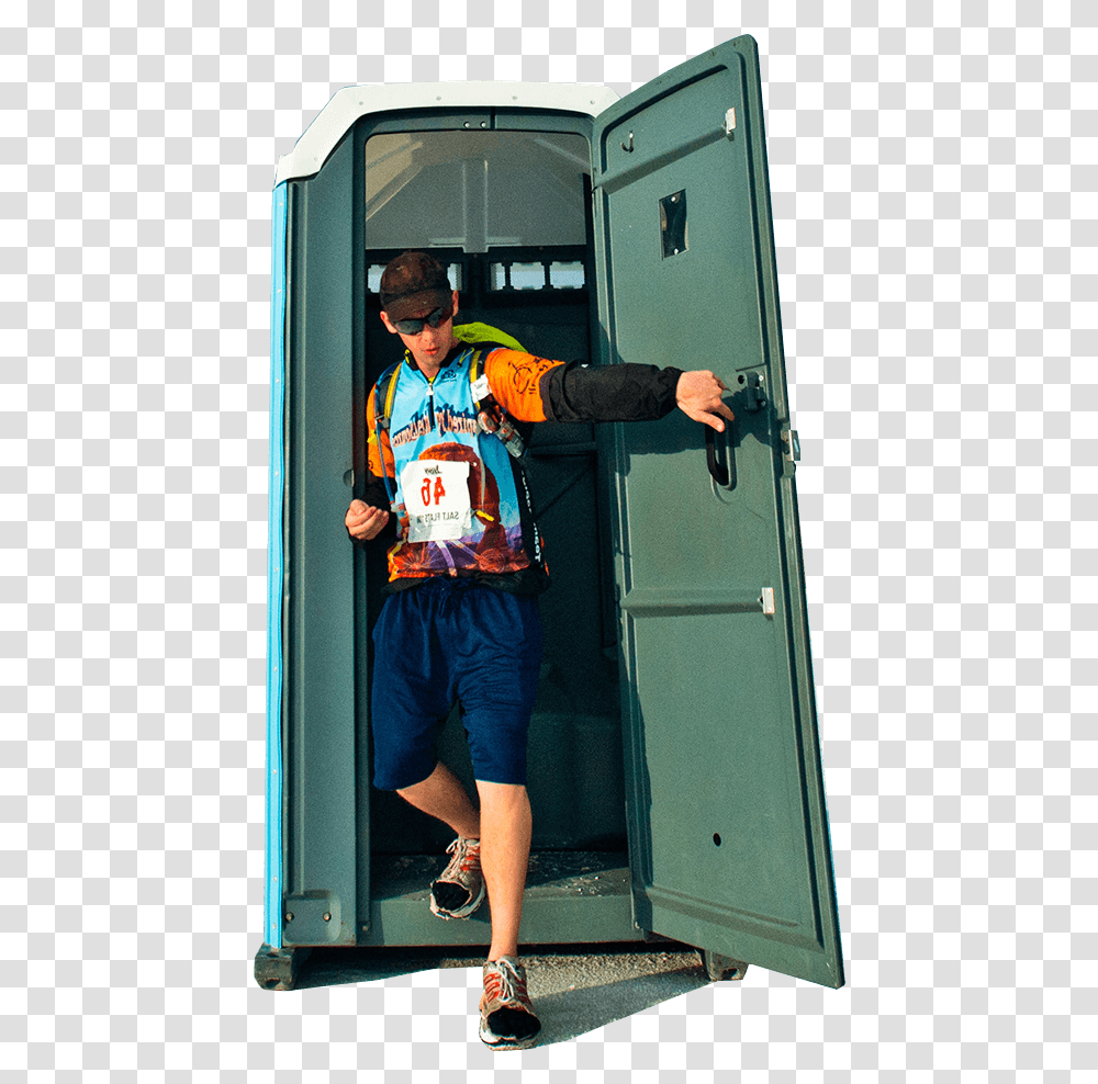 Man Leaving Porta Potty Door, Person, Shoe, Footwear Transparent Png