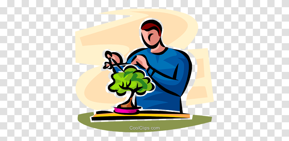 Man Looking After A Bonsai Plant Royalty Free Vector Clip Art, Poster, Advertisement, Outdoors, Washing Transparent Png