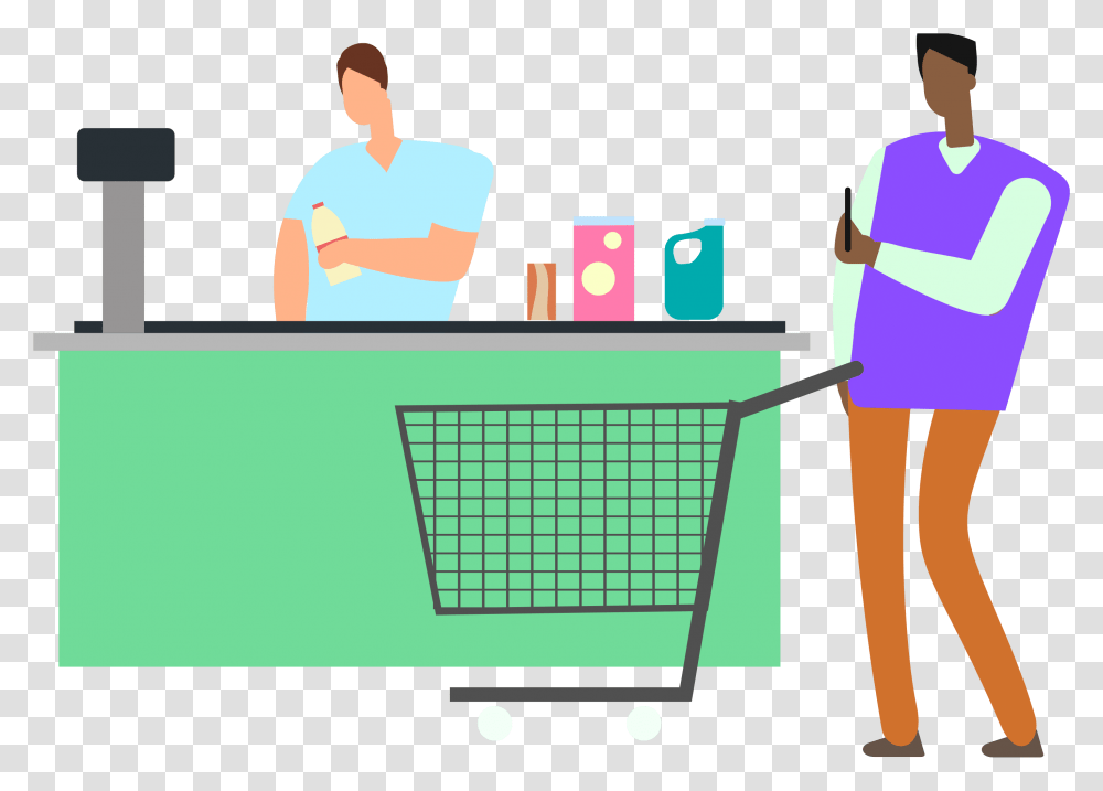 Man Looking At Budget App On Phone At Grocery Store Illustration, Person, Human, Dating, Basket Transparent Png