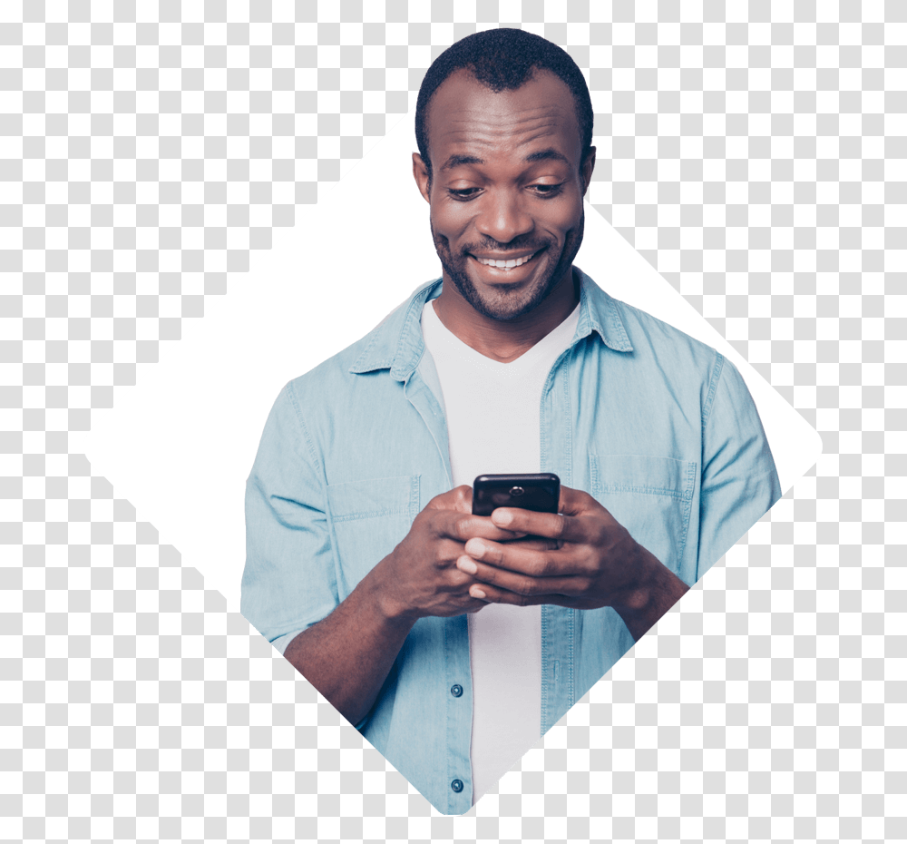 Man Looking At His Smartphone And Smiling Man Looking Phone, Electronics, Mobile Phone, Cell Phone, Person Transparent Png