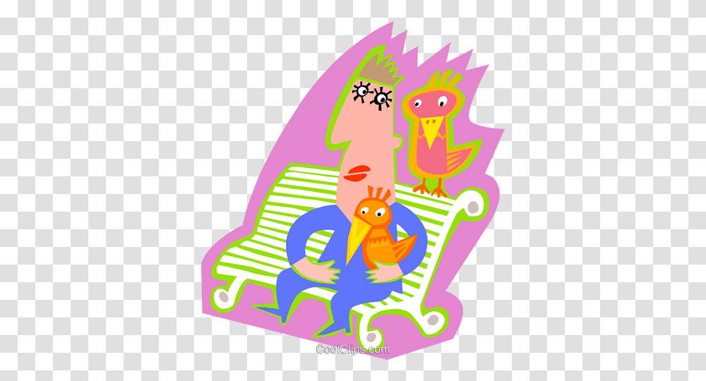 Man On Bench With Birds Royalty Free Vector Clip Art Illustration, Poster, Outdoors, Leisure Activities Transparent Png
