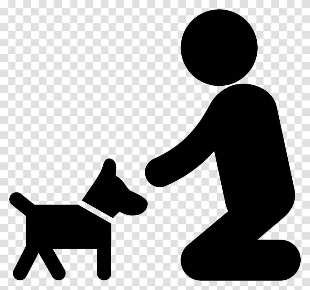 Man On His Knees To Cuddle His Dog Human With Dog Icon, Person, Kneeling, Silhouette, Stencil Transparent Png