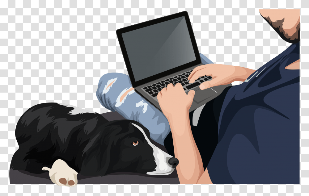 Man On Laptop With Collie Netbook, Pc, Computer, Electronics, Computer Keyboard Transparent Png