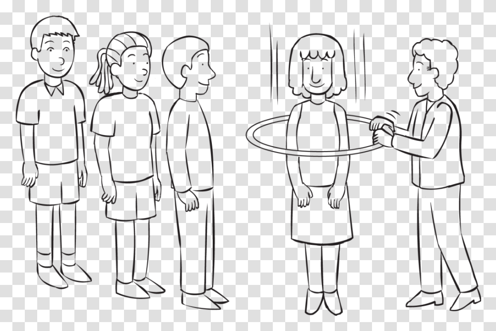 Man Passing Hula Hoop Over Every Person In Small Group Line Art, Silhouette, People, Prison, Building Transparent Png