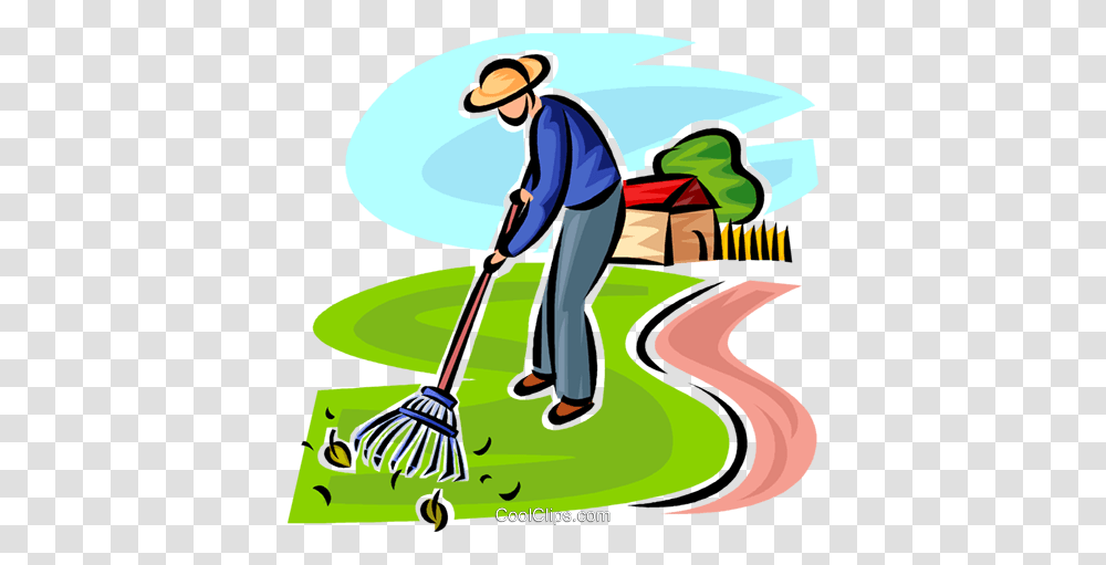Man Raking The Lawn Royalty Free Vector Clip Art Illustration, Person, Human, Cleaning, Outdoors Transparent Png
