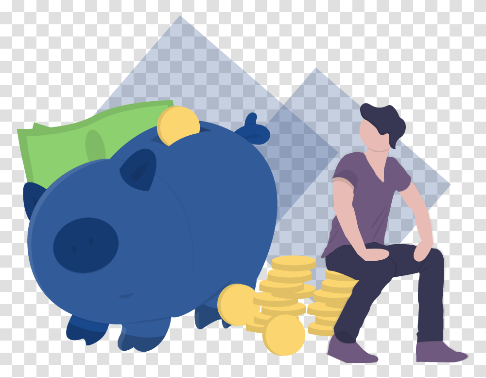 Man Sitting Down And Staring At A Piggy Bank With Money Making Money Is Learning Vector, Person, Human, Mammal, Animal Transparent Png