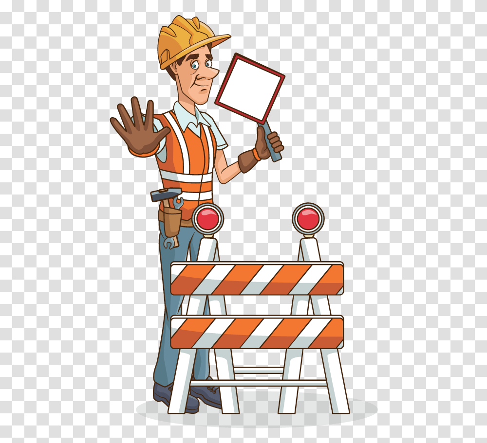 Man Standing With Safety Sign Cartoon, Person, Human, Hat Transparent Png