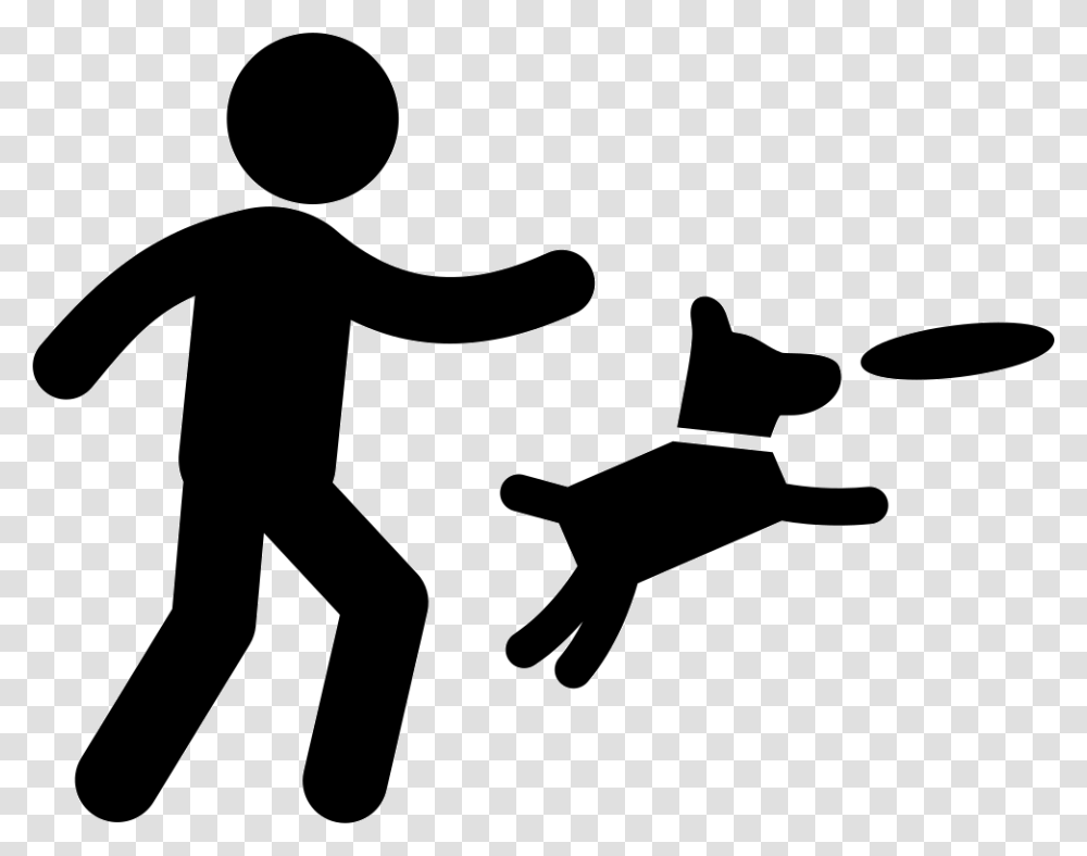 Man Throwing A Disc And Dog Jumping To Catch It Dog Play Icon, Silhouette, Person, Stencil Transparent Png