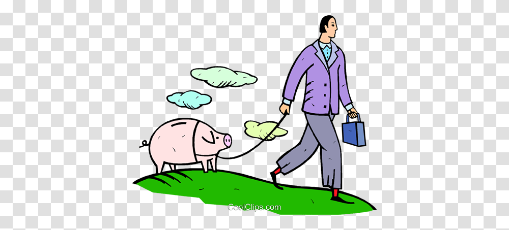 Man Walking A Piggy Bank Royalty Free Vector Clip Art Illustration, Person, Human, Mammal, Animal Transparent Png