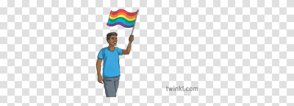 Man Waving Pride Rainbow Flag People Crowd Carnival Parade Standing, Clothing, Person, Sleeve, Face Transparent Png