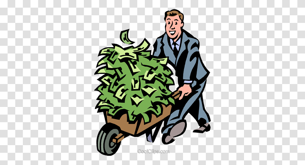 Man With A Wheelbarrow Full Of Money Royalty Free Vector Clip Art, Person, Human, Tree, Plant Transparent Png