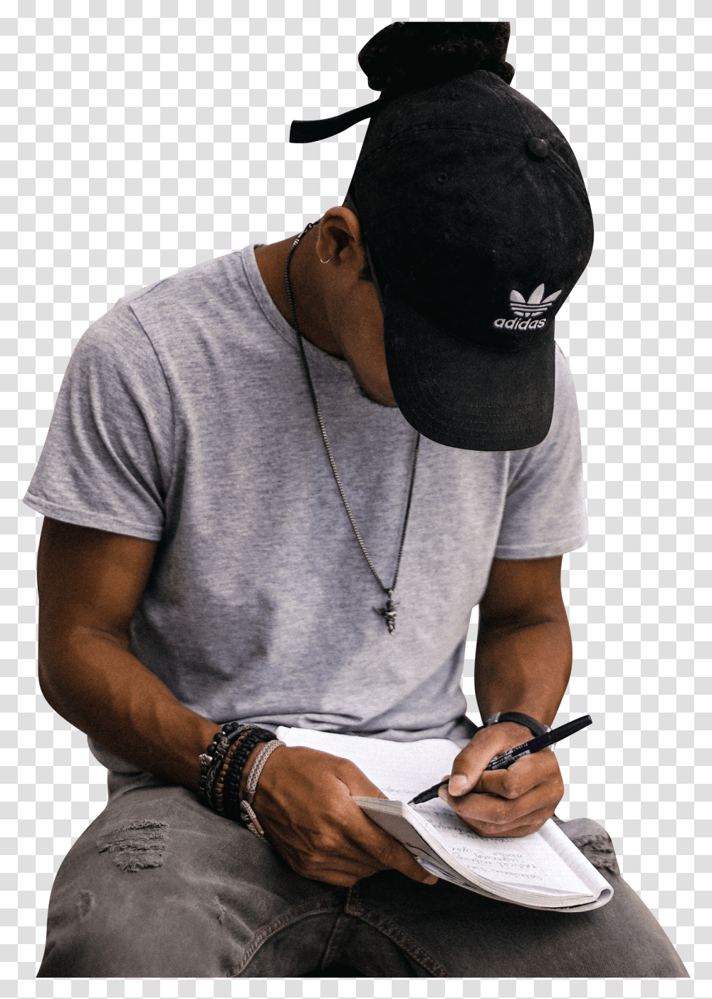Man With Cap Writing In Notebook, Person, Human, Apparel Transparent Png