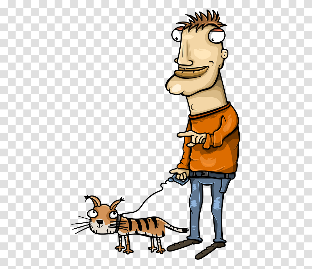 Man With Cat On A Walk Clipart Cartoon Man With Tiger, Animal, Mammal, Pet Transparent Png
