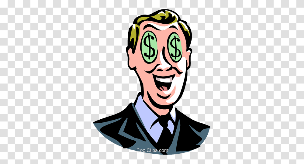 Man With Dollar Sign Eyes Royalty Free Vector Clip Art, Face, Person, Head, Performer Transparent Png