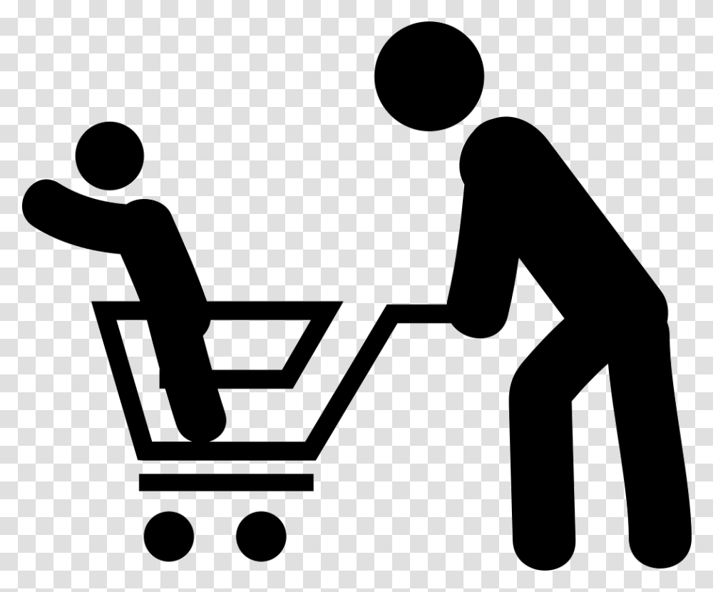 Man With His Son In A Shopping Cart Woman Pushing Shopping Cart, Person, Stencil, People Transparent Png