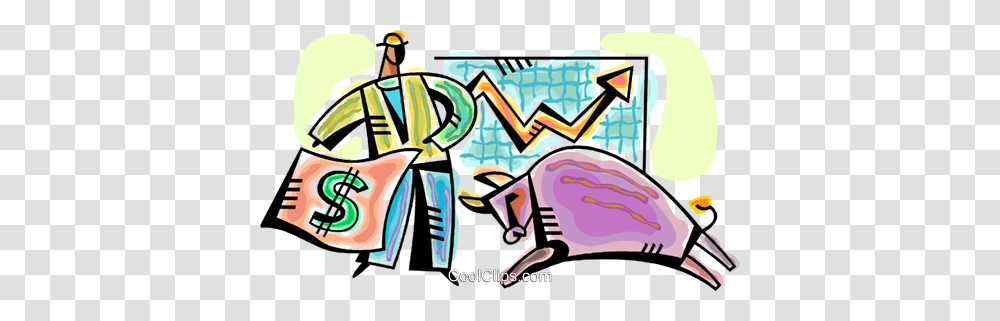 Man With Money Cape And Charging Bull Royalty Free Vector Clip Art, Graffiti, Mammal, Animal, Wildlife Transparent Png