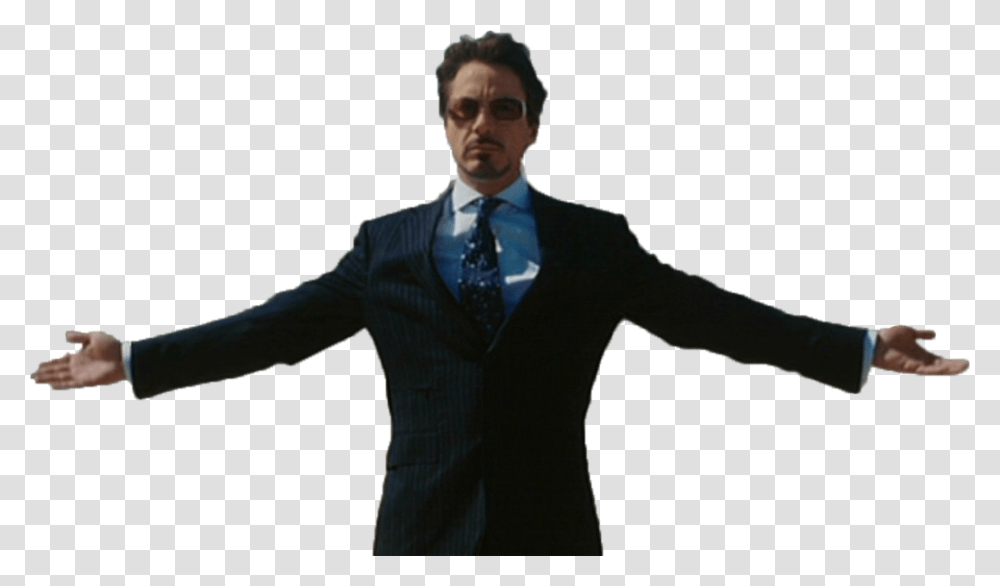 Man With Open Hands Tony Stark, Apparel, Suit, Overcoat Transparent Png