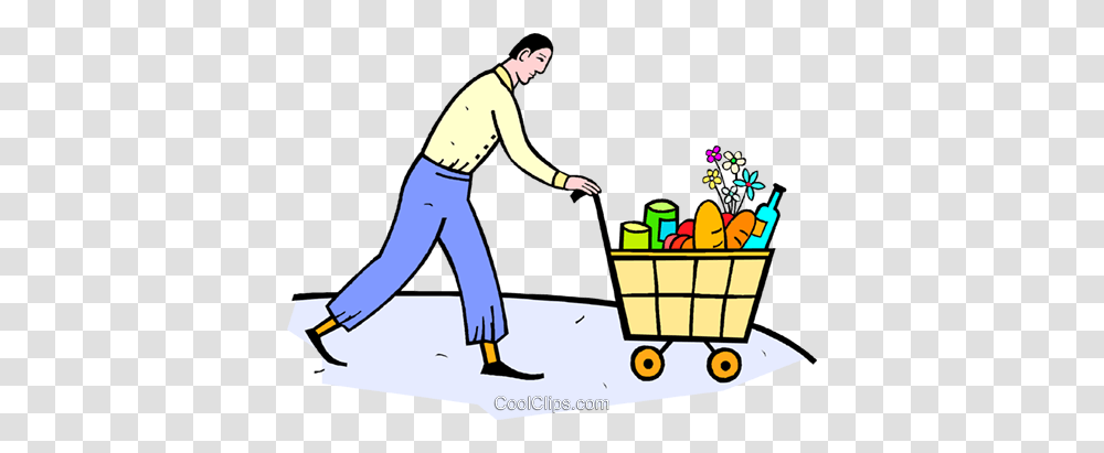 Man With Shopping Cart Of Groceries Royalty Free Vector Clip Art, Person, Basket, Shopping Basket, Vehicle Transparent Png