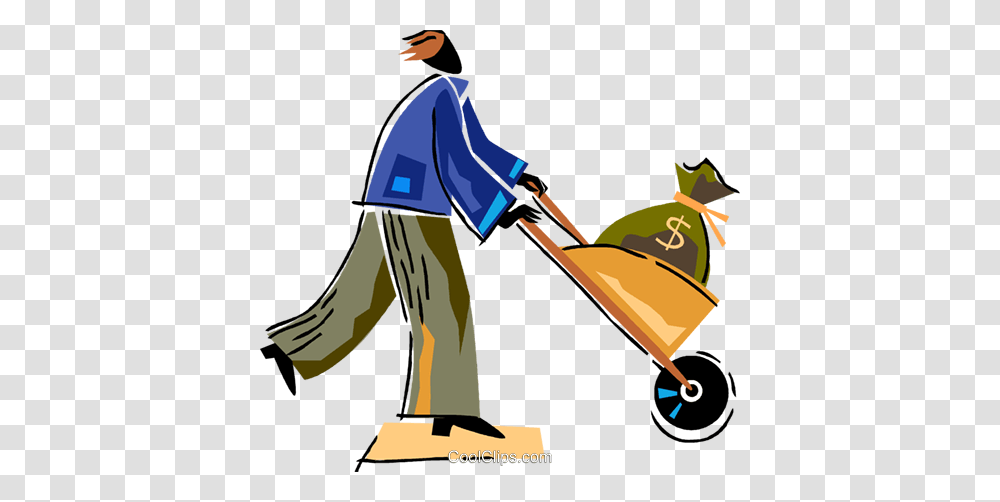 Man With Wheelbarrow Full Of Money Royalty Free Vector Clip Art, Tool, Lawn Mower, Outdoors, Gardening Transparent Png