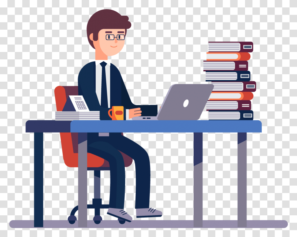 Man Working In Office Clipart, Standing, Furniture, Table, Desk Transparent Png