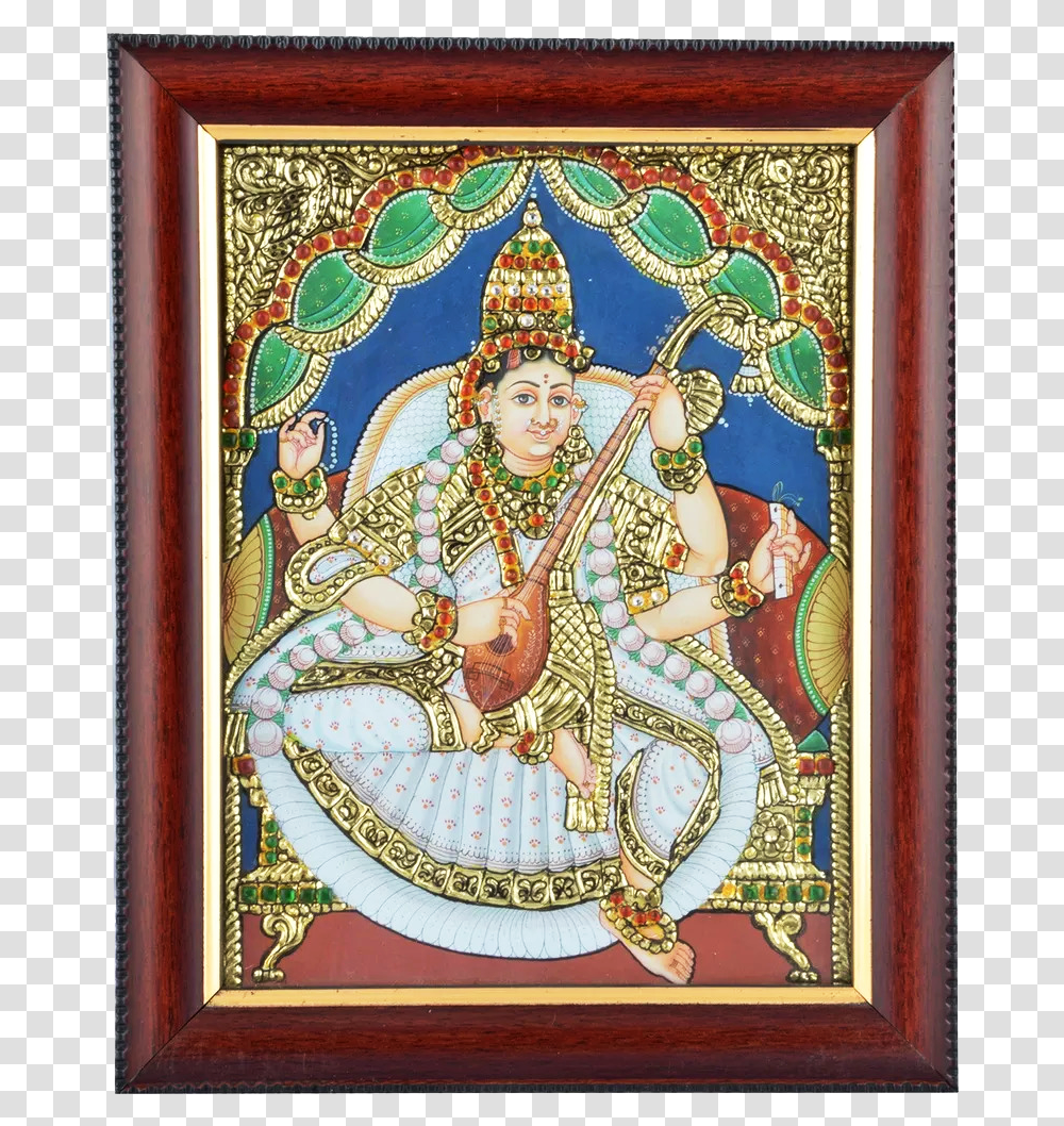 Mangala Art Saraswathi Tanjore Acrylic Base Painting Painting, Person, Pattern, Tapestry, Ornament Transparent Png