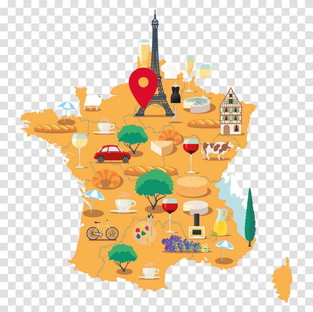 Map Of France With Its Landmarks, Birthday Cake, Food, Diagram, Plot Transparent Png