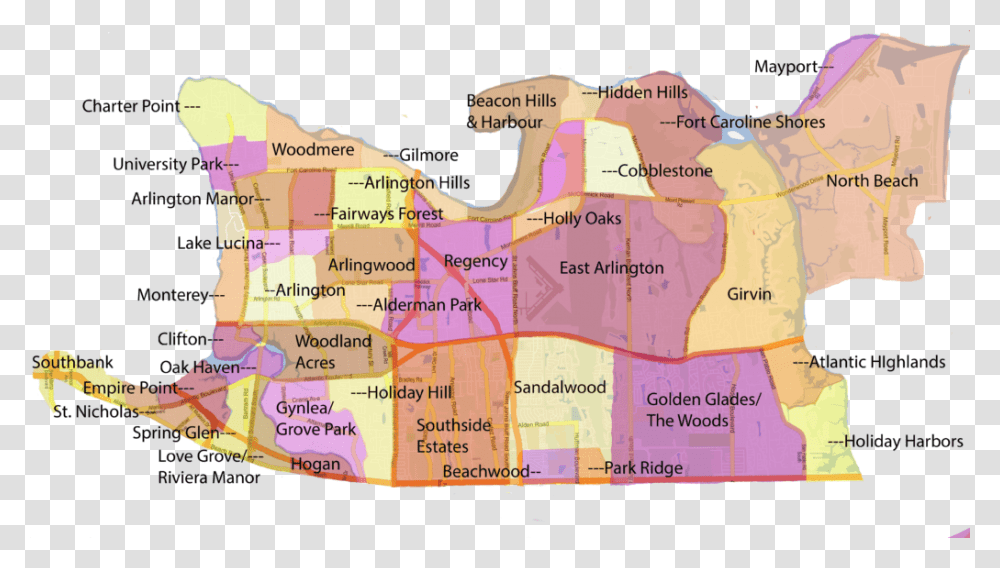 Map Of Neighborhoods Within The Arlington Area Of Jacksonville Atlas, Vegetation, Diagram, Plot, Bush Transparent Png