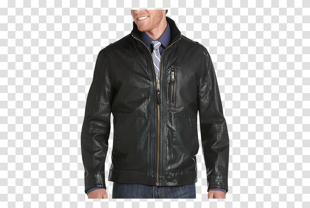 Marc New York Black Calfskin Leather Slim Fit Bomber Jacket Long Sleeve, Clothing, Apparel, Coat, Leather Jacket Transparent Png
