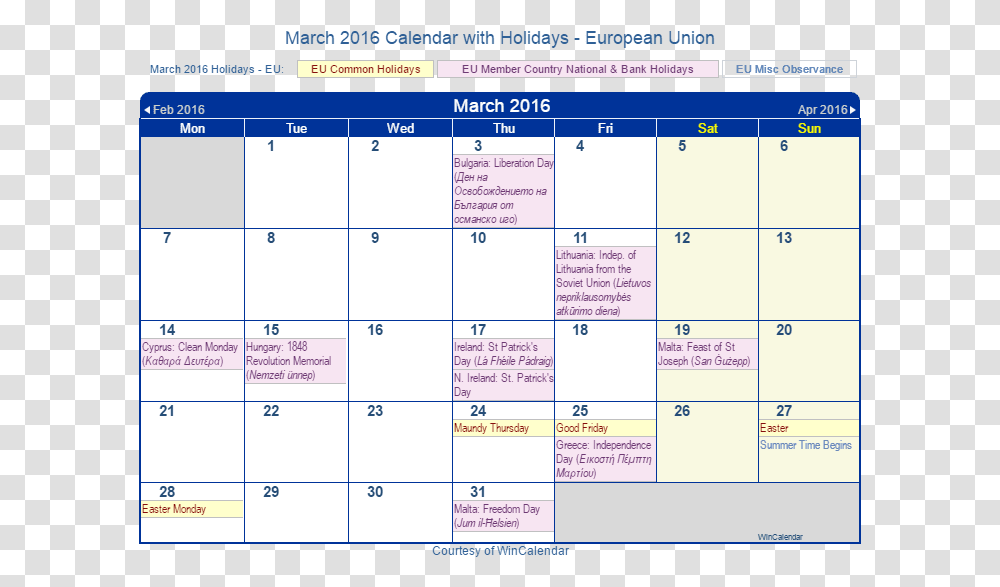 March 2016 Calendar With Eu Holidays March 2021 Calendar With Holidays, Monitor, Screen, Electronics Transparent Png