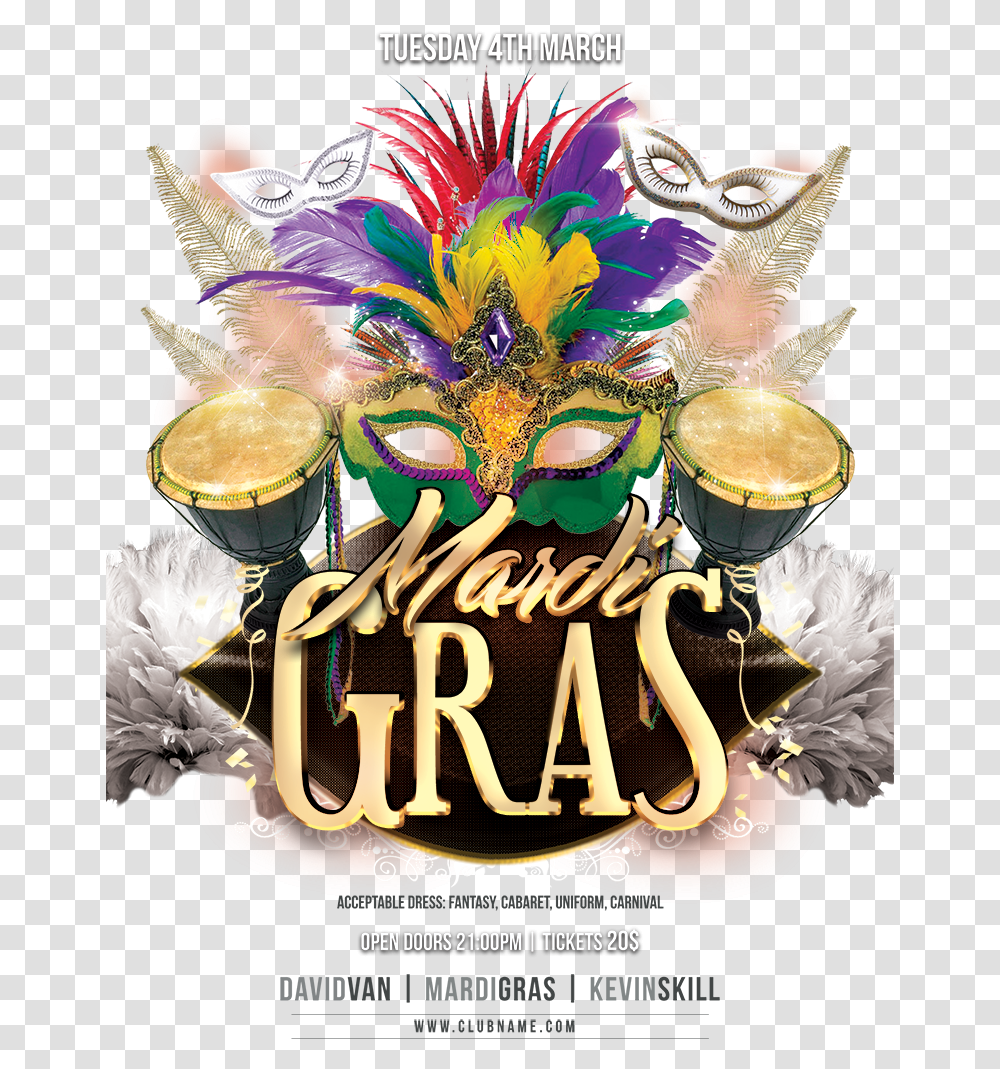 Mardi Carnival Masquerade Marketing Gras Flyer Advertising Mardi Gras Fat Tuesday 2020, Poster, Advertisement, Drum, Percussion Transparent Png