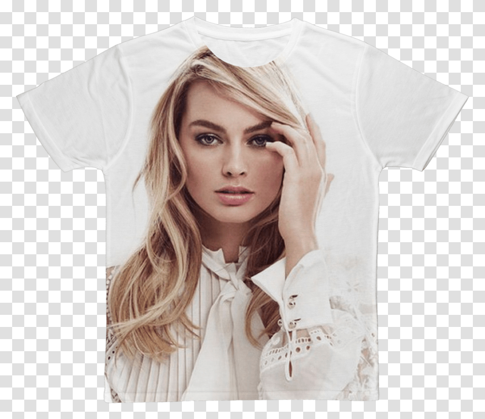 Margot Robbie Classic Sublimation Adult T Shirt Margot Robbie T Shirt, Apparel, Face, Person Transparent Png