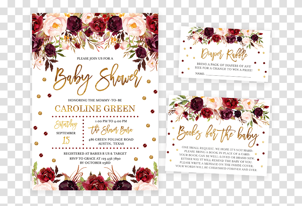 Marsala And Gold Floral Baby Shower Invitation Pack Floral Maroon, Paper, Flyer, Poster, Advertisement Transparent Png