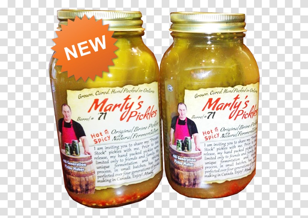 Martys Pickles Hot And Spicy Dill Pickles Glass Bottle, Person, Human, Food, Beer Transparent Png