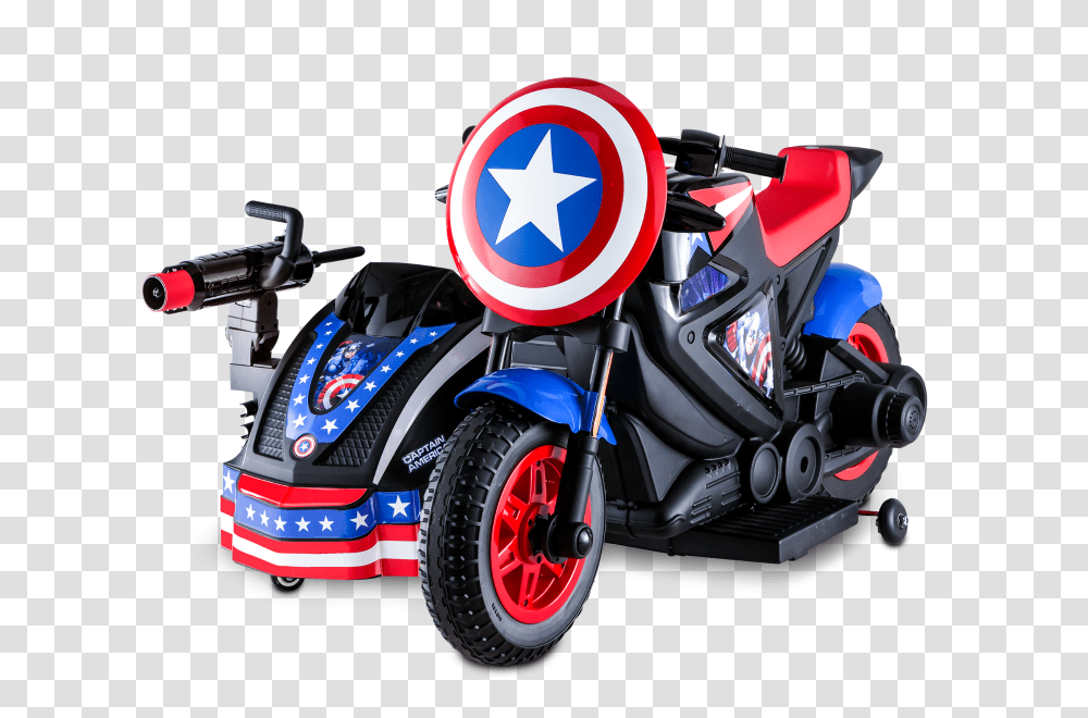 Marvel Captain America Motorcycle And Side Car Kid Trax, Wheel, Machine, Vehicle, Transportation Transparent Png
