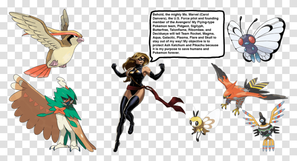 Marvel's Pokemon Team By Darthranner83 Carol Danvers Ms Marvel, Bird, Animal, Person, Comics Transparent Png