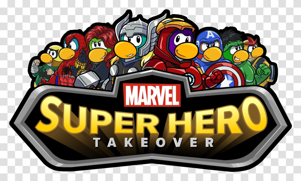 Marvel Super Hero Takeover Party Logo Club Penguin Superhero, Advertisement, Text, Poster, Flyer Transparent Png