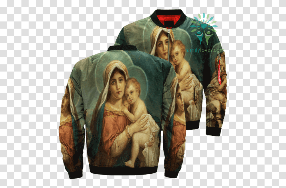 Mary And Baby Jesus Over Print Jacket Tag Familyloves Jesus Jacket, Person, Painting Transparent Png