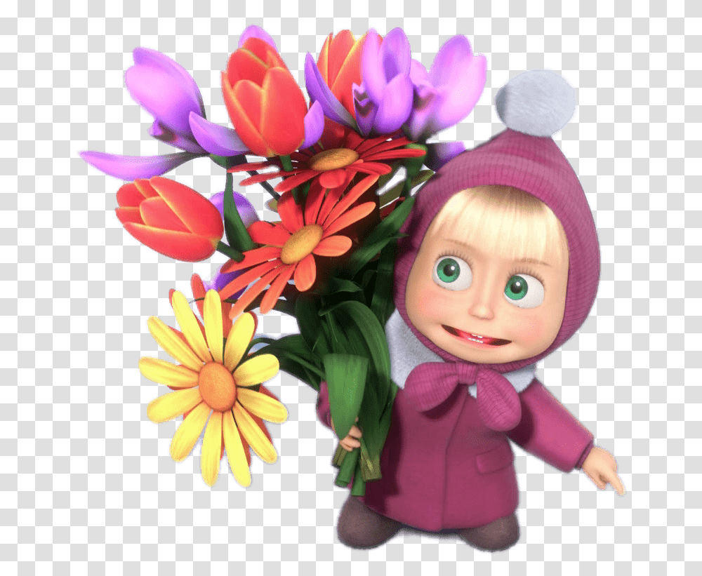 Masha Holding Bunch Of Flowers Masha Flowers, Doll, Toy, Person, Human Transparent Png