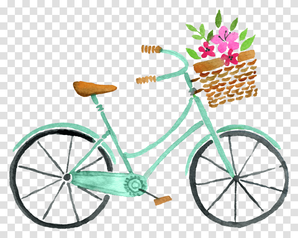 Material For Cartoon Fresh Watercolor Spring Flowers Clipart, Bicycle, Vehicle, Transportation, Bike Transparent Png