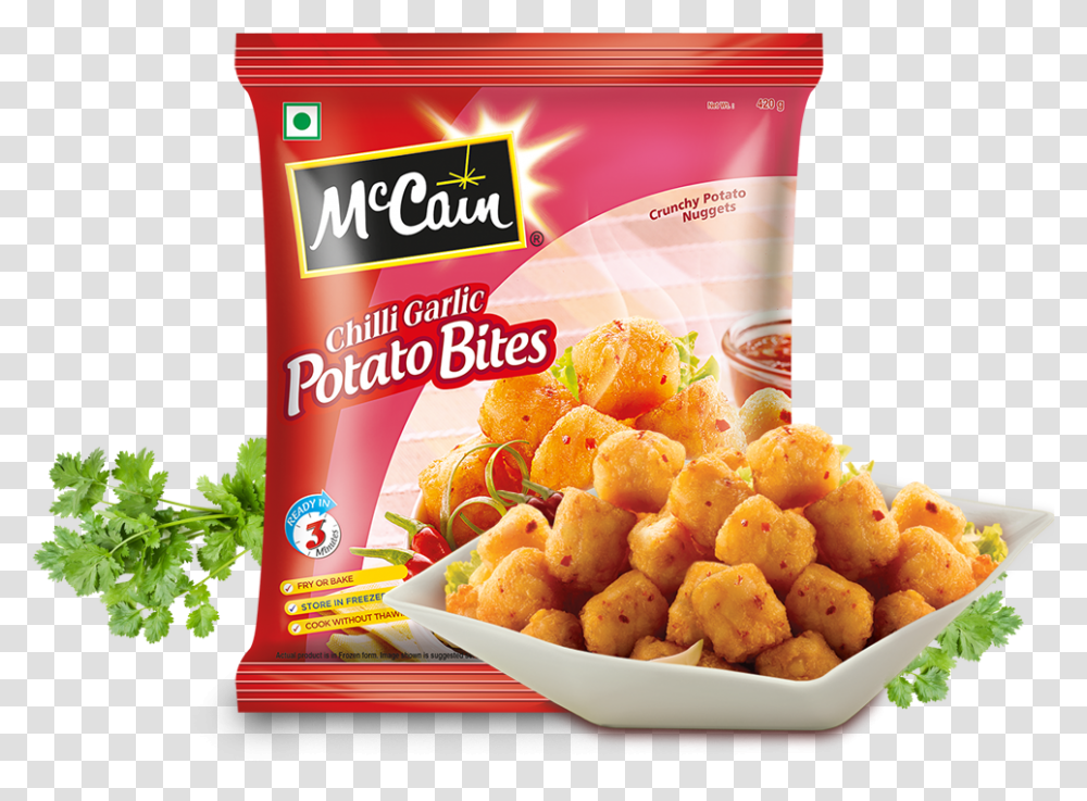 Mccain Crispy Chilli Garlic Potato Nuggets Bites Mccain Chilli Garlic Potato Bites, Food, Plant, Fried Chicken, Menu Transparent Png