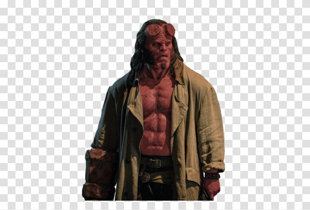 Mcu Captain America Vs Hellboy 2019 Hellboy 2019, Clothing, Apparel, Overcoat, Person Transparent Png