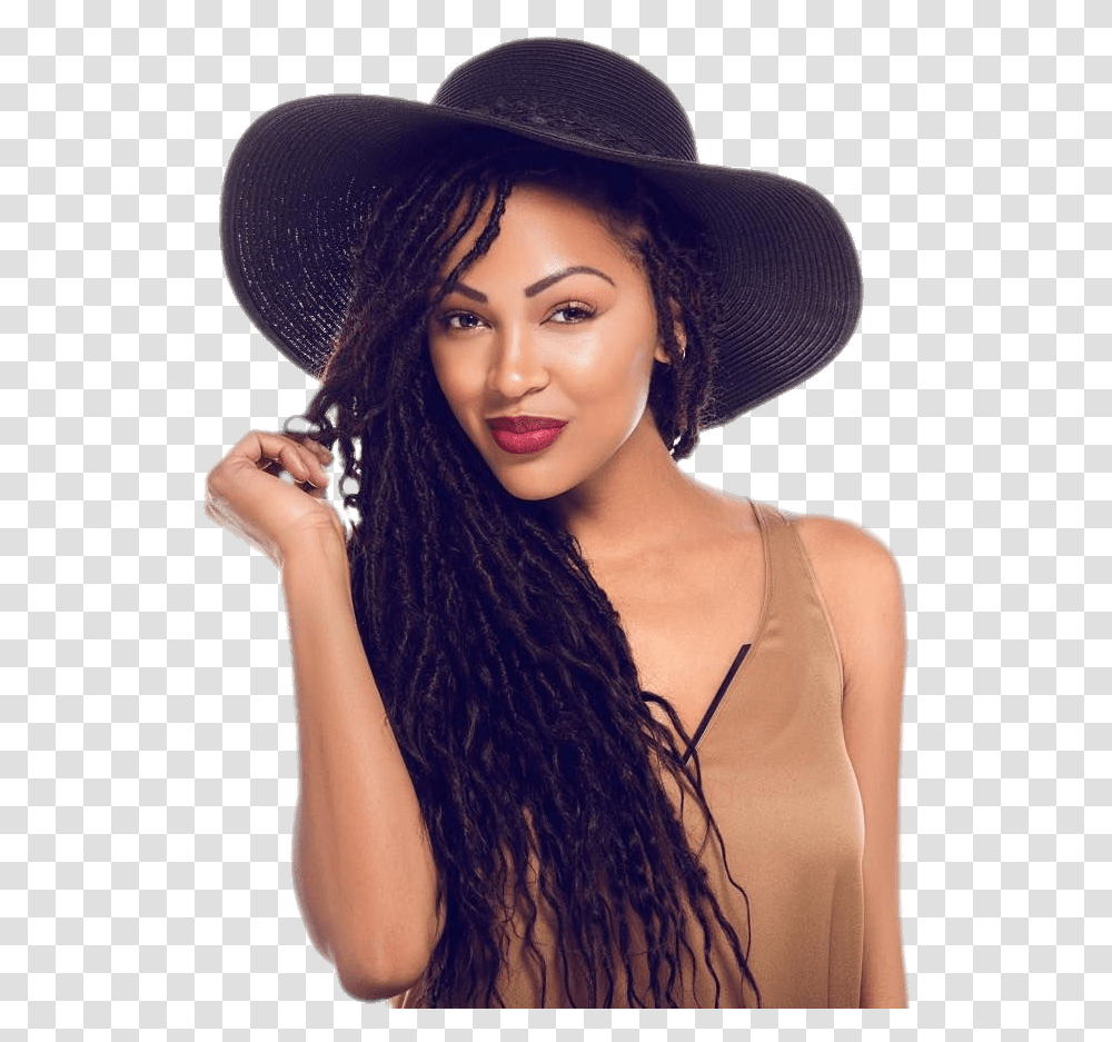 Meagan Good Black Summer Hat Meagan Good In Faux Locs, Apparel, Person, Face Transparent Png