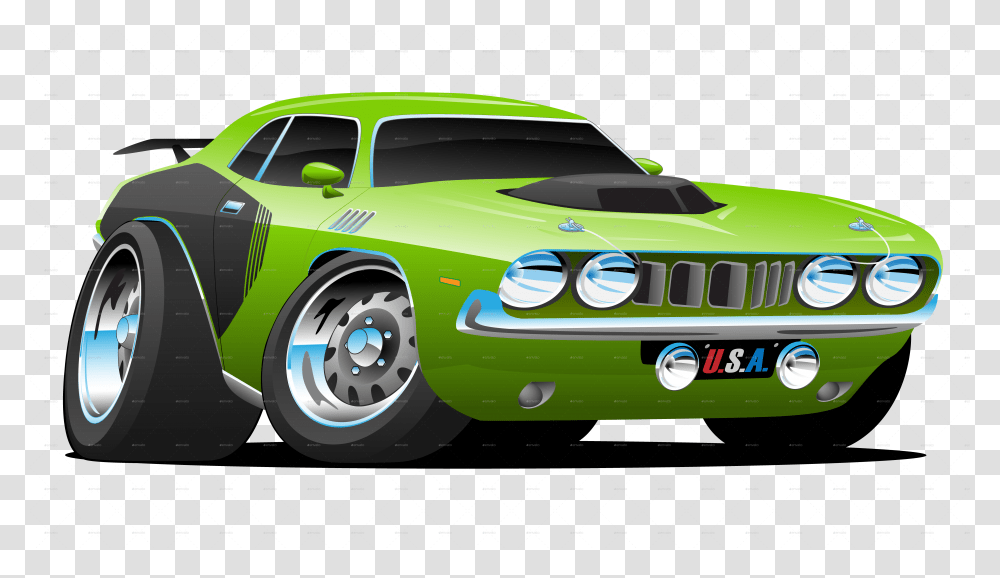 Mean Green Seventies Style Muscle Car Cartoon 1970 Muscle Car Cartoon, Vehicle, Transportation, Tire, Wheel Transparent Png