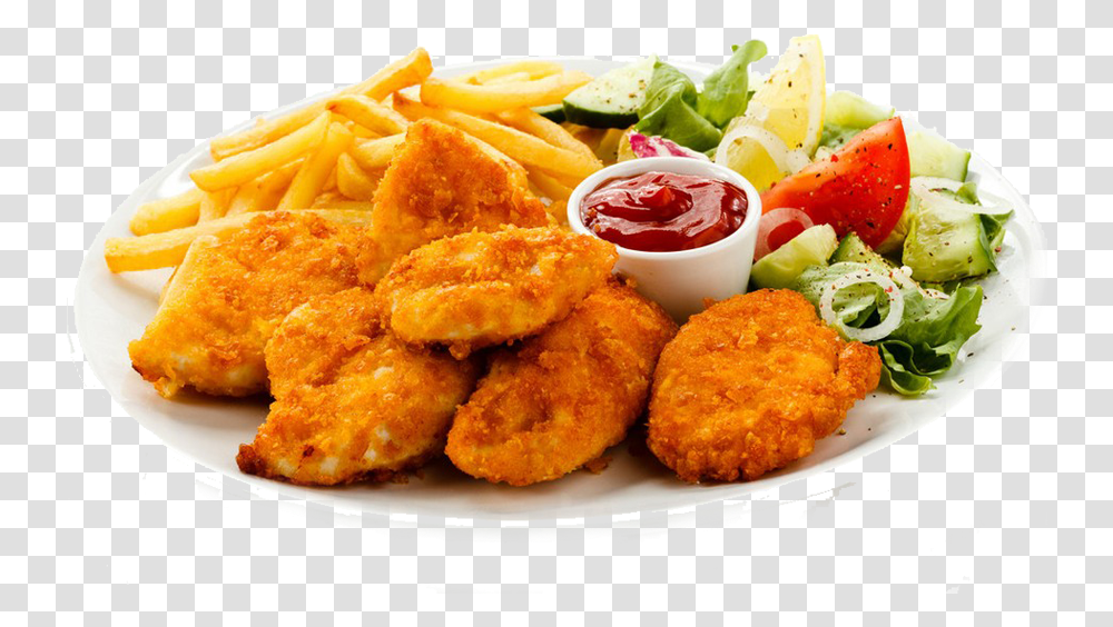 Meat Potato Chips And Chicken, Food, Fried Chicken, Meal, Fries Transparent Png