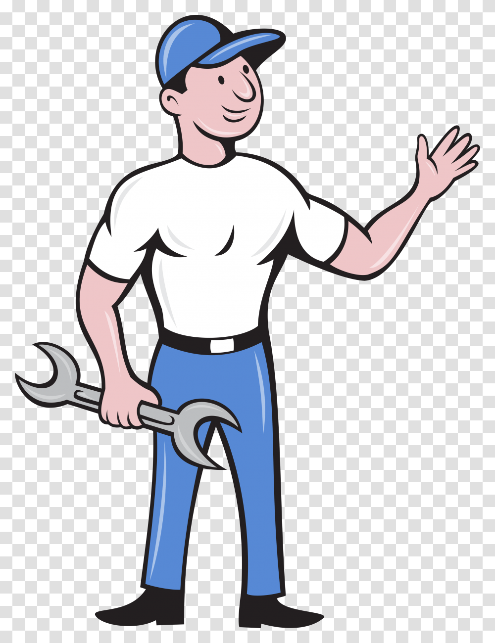 Mechanic Hold Spanner Waving Hand Cartoon Card Mechanic Repairman Clip Art, Cleaning, Performer, Arm Transparent Png