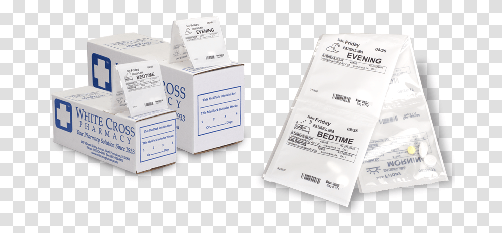 Medpack White Cross Pharmacy Medication Prescription Organized White Cross Pharmacy, Text, Box, Paper, Label Transparent Png