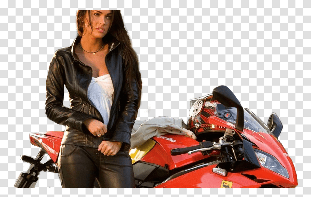 Megan Fox Transformers 2 Moto Download Transformers 2 Megan Fox Leather Jacket, Coat, Person, Motorcycle Transparent Png