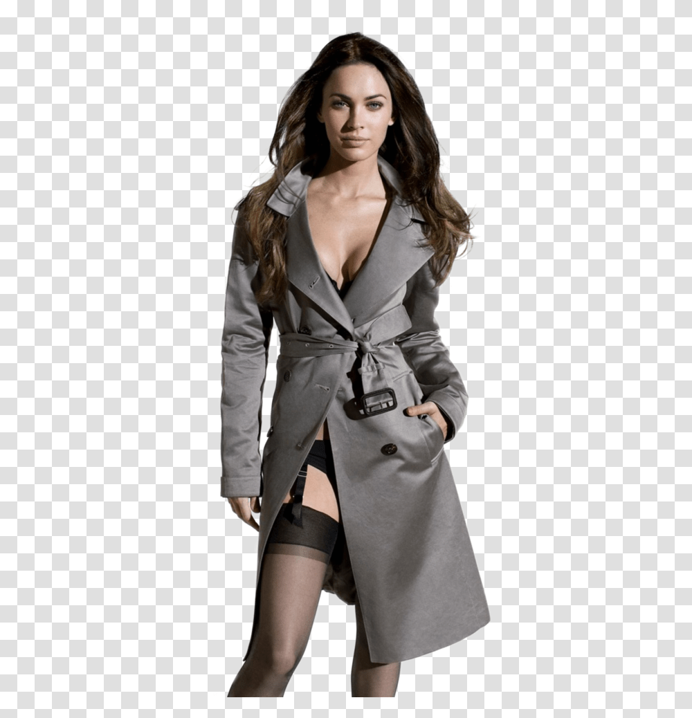 Megan Fox Trench Coat With Lingerie, Apparel, Overcoat, Person Transparent Png