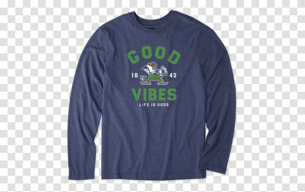 Men's Notre Dame Good Vibes Arc Long Sleeve Cool Tee, Apparel, Person, Human Transparent Png